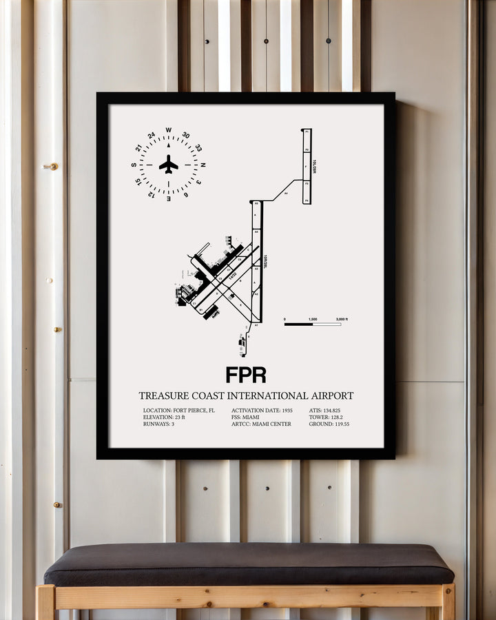 Framed Detailed Airport Map of Treasure Coast International Airport (FPR) in White with a Black Frame