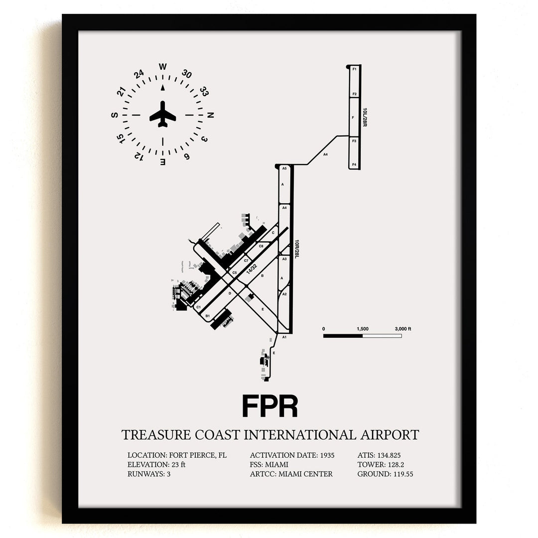 Framed Detailed Airport Map of Treasure Coast International Airport (FPR) in White with a Black Frame