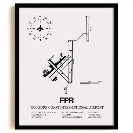 Framed Detailed Airport Map of Treasure Coast International Airport (FPR) in White with a Black Frame