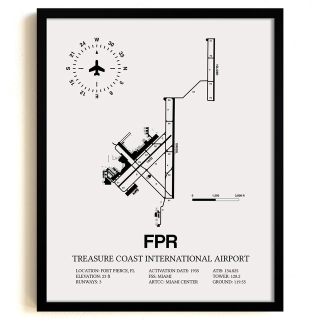 Framed Detailed Airport Map of Treasure Coast International Airport (FPR) in White with a Black Frame