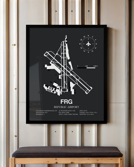 Framed Detailed Airport Map of Republic Airport (FRG) in Gray with a Black Frame