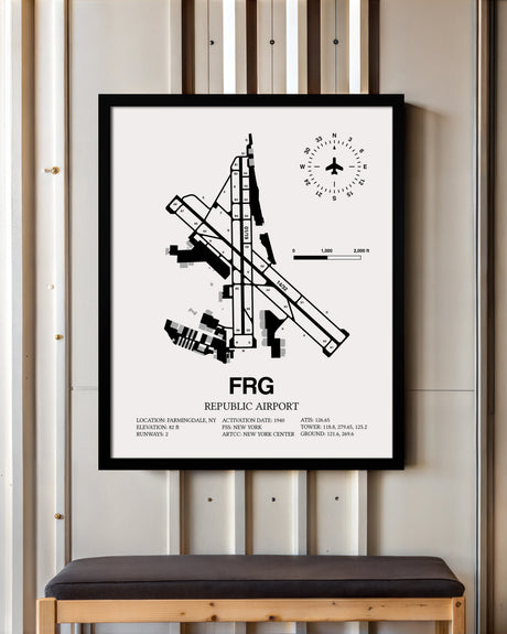 Framed Detailed Airport Map of Republic Airport (FRG) in White with a Black Frame