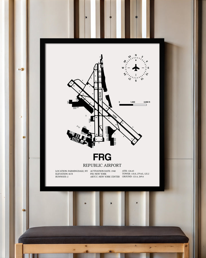Framed Detailed Airport Map of Republic Airport (FRG) in White with a Black Frame