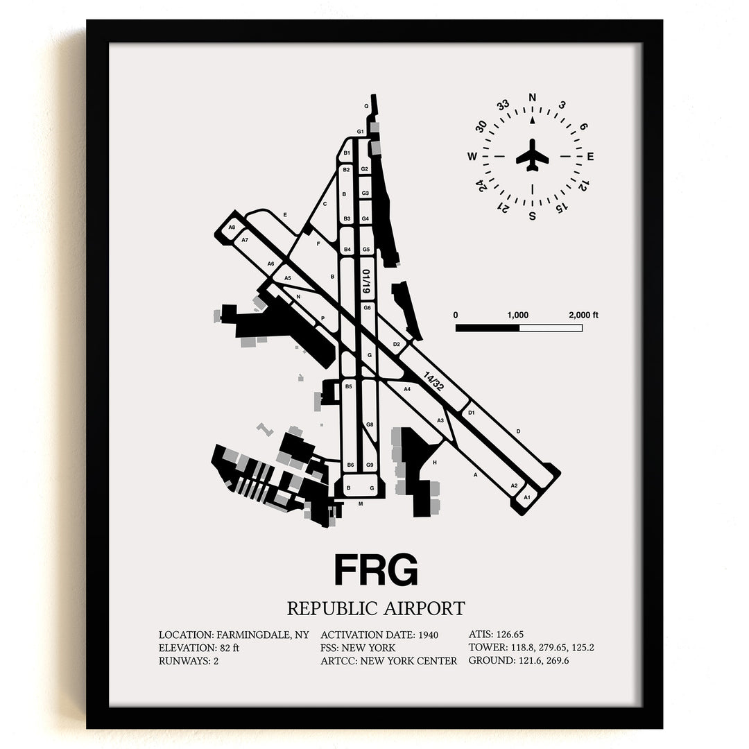 Framed Detailed Airport Map of Republic Airport (FRG) in White with a Black Frame