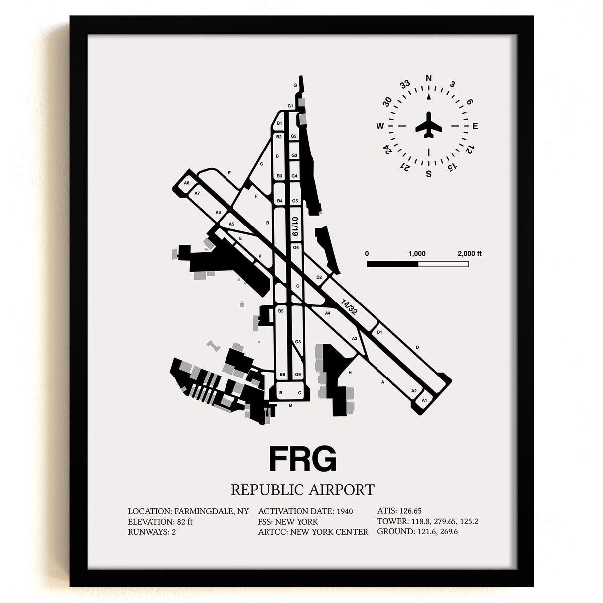 Framed Detailed Airport Map of Republic Airport (FRG) in White with a Black Frame