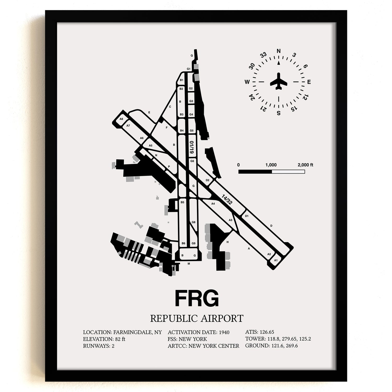 Framed Detailed Airport Map of Republic Airport (FRG) in White with a Black Frame