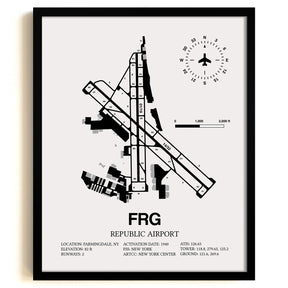 Framed Detailed Airport Map of Republic Airport (FRG) in White with a Black Frame