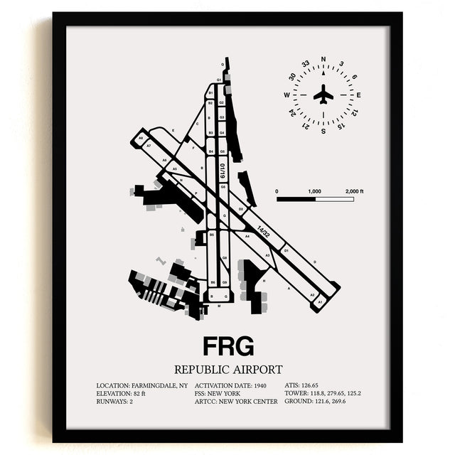 Framed Detailed Airport Map of Republic Airport (FRG) in White with a Black Frame