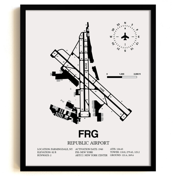 Framed Detailed Airport Map of Republic Airport (FRG) in White with a Black Frame