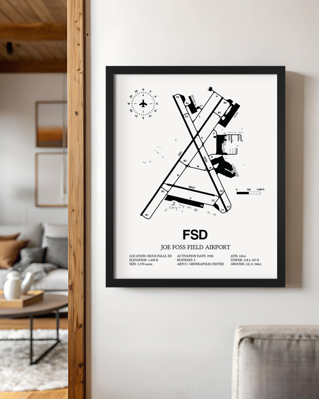 Framed Detailed Airport Map of Joe Foss Field Airport (FSD) in White with a Black Frame