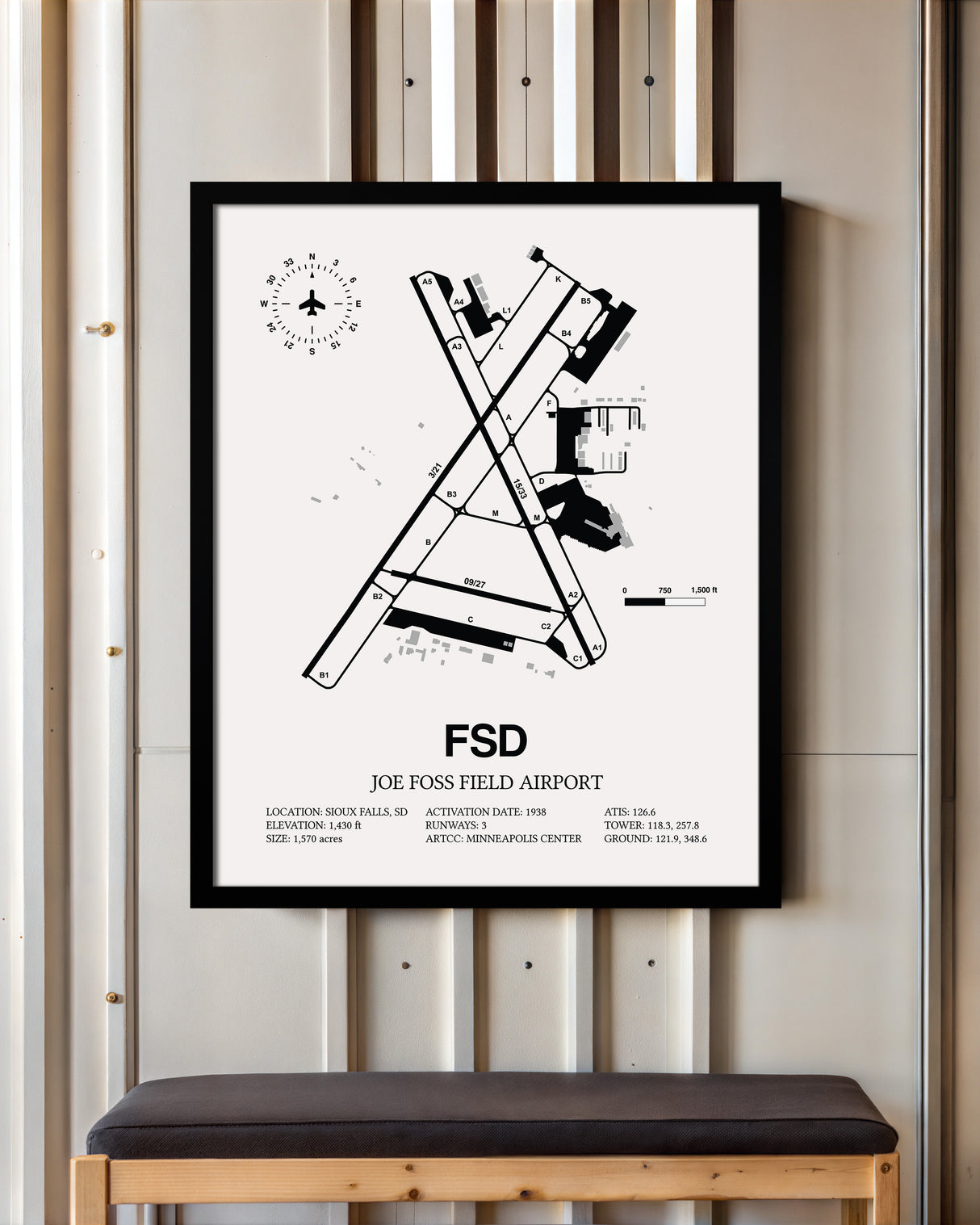 Framed Detailed Airport Map of Joe Foss Field Airport (FSD) in White with a Black Frame