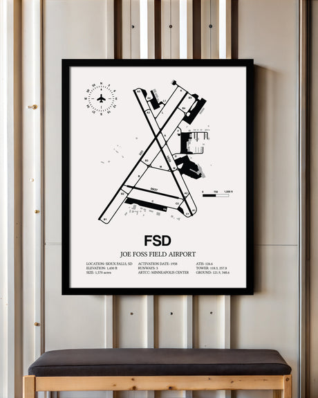 Framed Detailed Airport Map of Joe Foss Field Airport (FSD) in White with a Black Frame