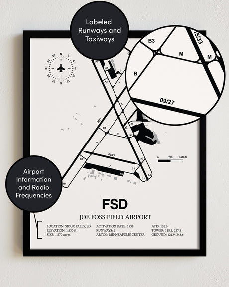 Framed Detailed Airport Map of Joe Foss Field Airport (FSD) in White with a Black Frame