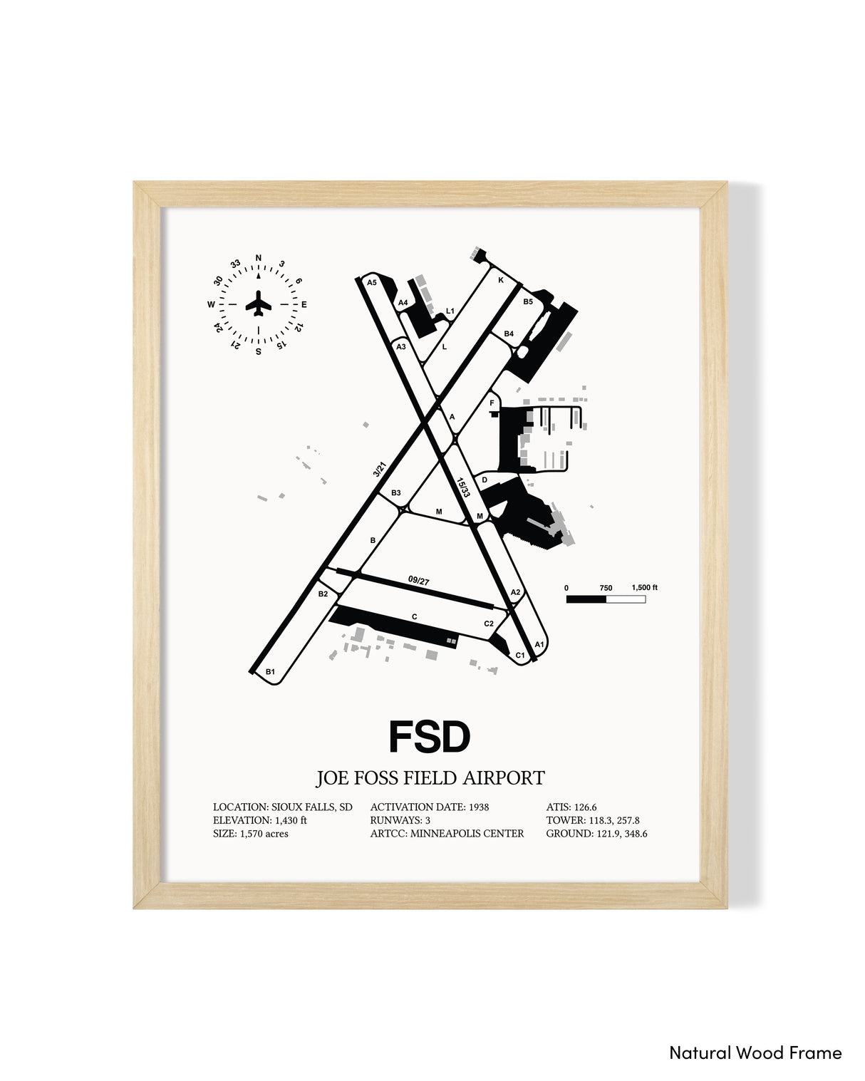 Detailed Airport Map of Joe Foss Field Airport (FSD) in White with a Natural Frame