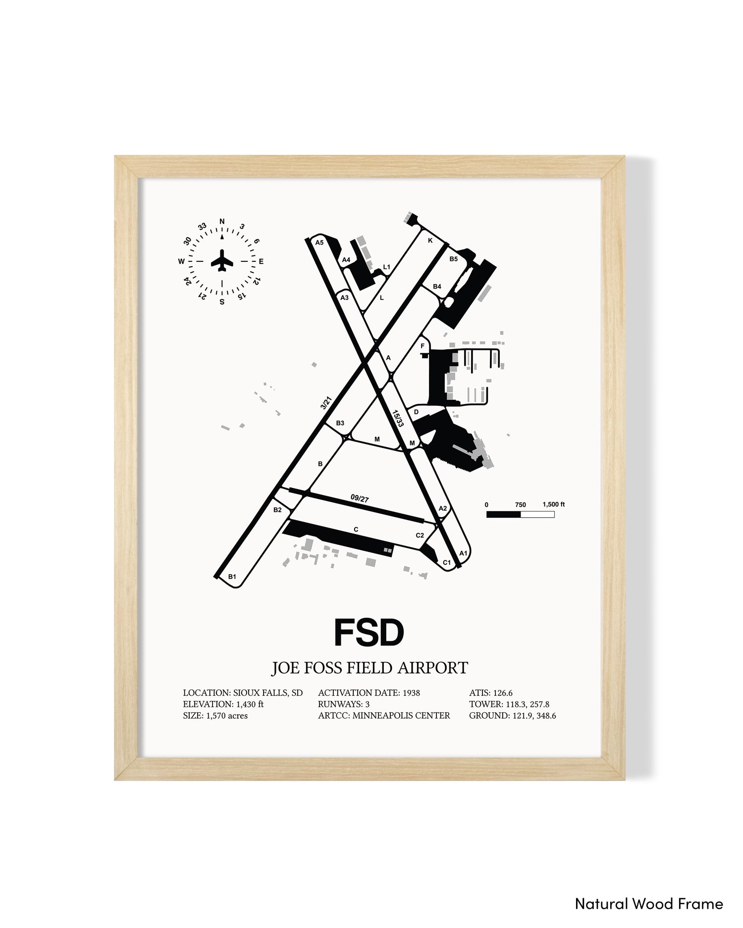 Detailed Airport Map of Joe Foss Field Airport (FSD) in White with a Natural Frame