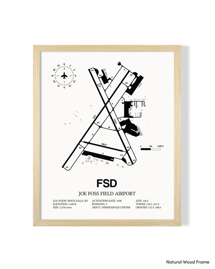 Detailed Airport Map of Joe Foss Field Airport (FSD) in White with a Natural Frame
