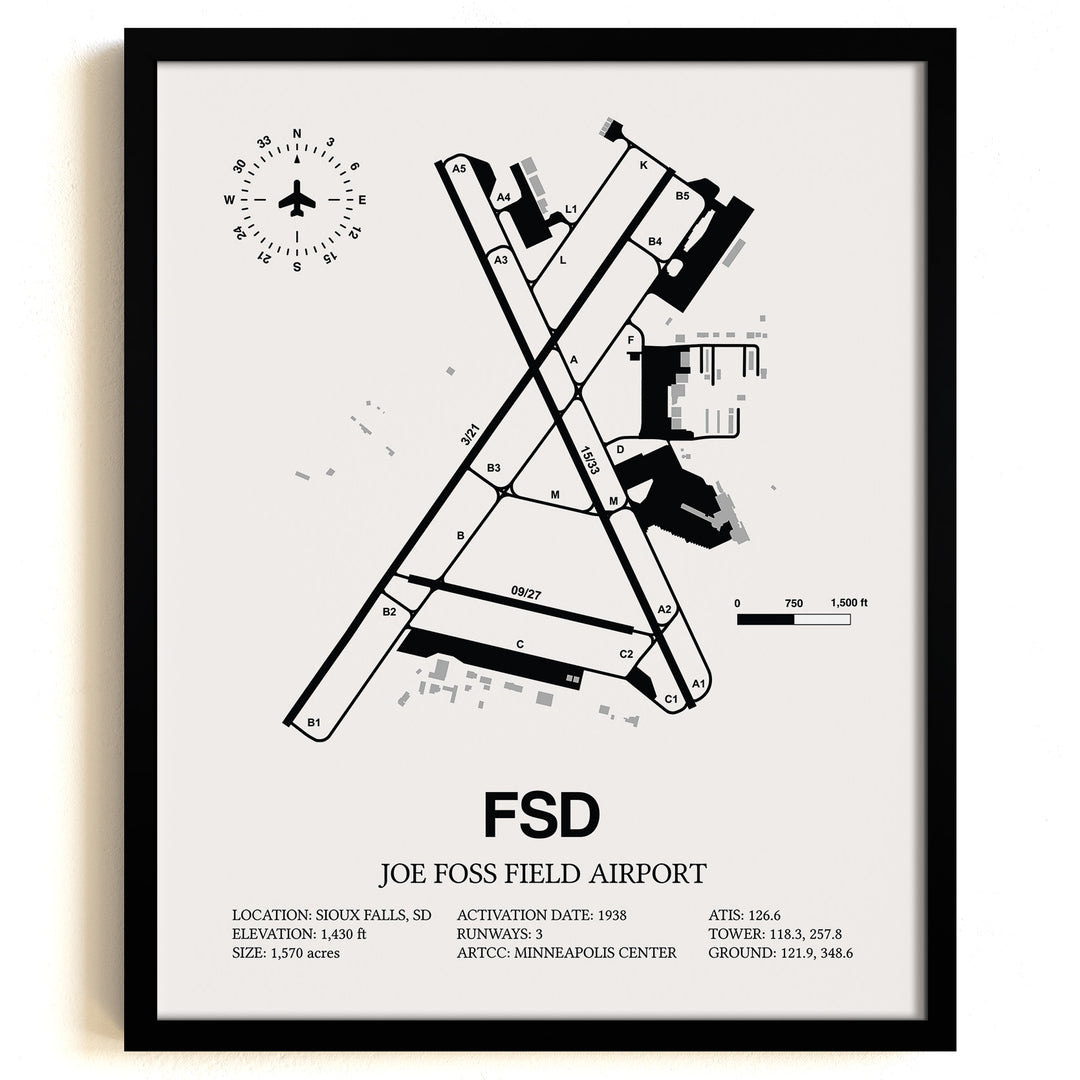 Framed Detailed Airport Map of Joe Foss Field Airport (FSD) in White with a Black Frame