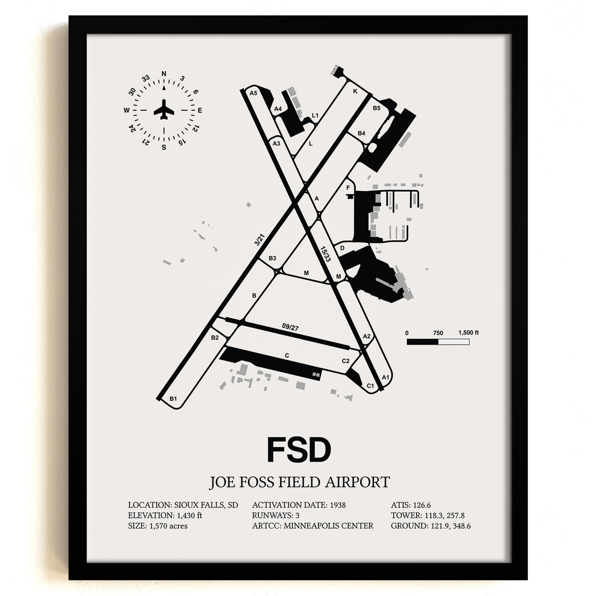 Framed Detailed Airport Map of Joe Foss Field Airport (FSD) in White with a Black Frame
