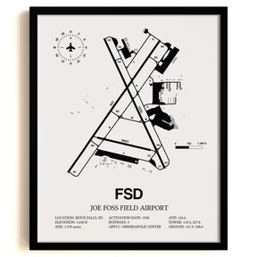Framed Detailed Airport Map of Joe Foss Field Airport (FSD) in White with a Black Frame