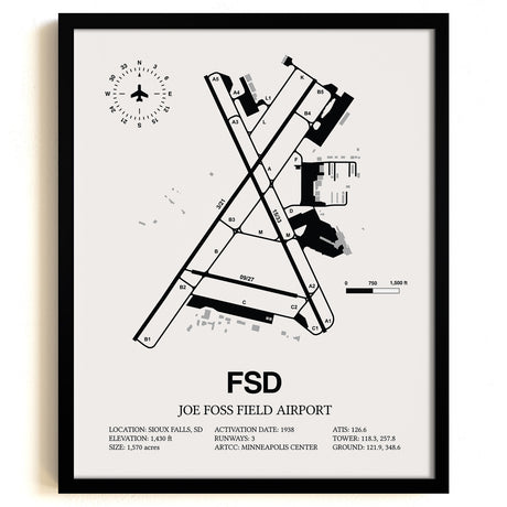 Framed Detailed Airport Map of Joe Foss Field Airport (FSD) in White with a Black Frame
