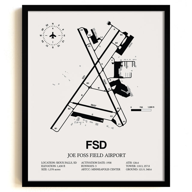 Framed Detailed Airport Map of Joe Foss Field Airport (FSD) in White with a Black Frame