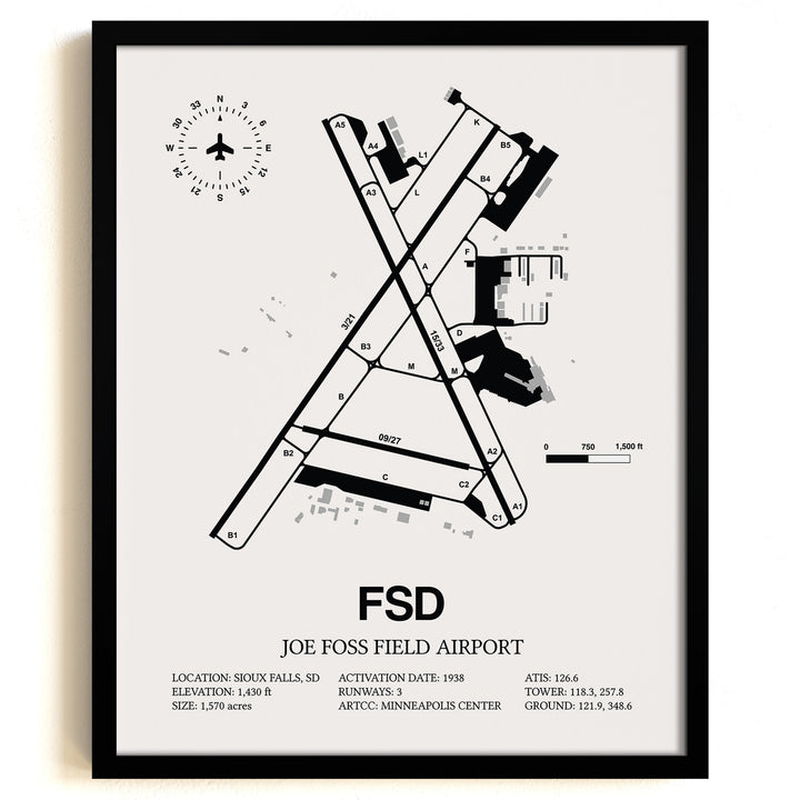 Framed Detailed Airport Map of Joe Foss Field Airport (FSD) in White with a Black Frame
