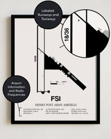 Framed Detailed Airport Map of Henry Post Army Air Field (FSI) in White with a Black Frame