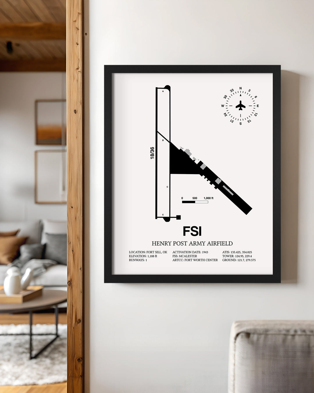 Framed Detailed Airport Map of Henry Post Army Air Field (FSI) in White with a Black Frame