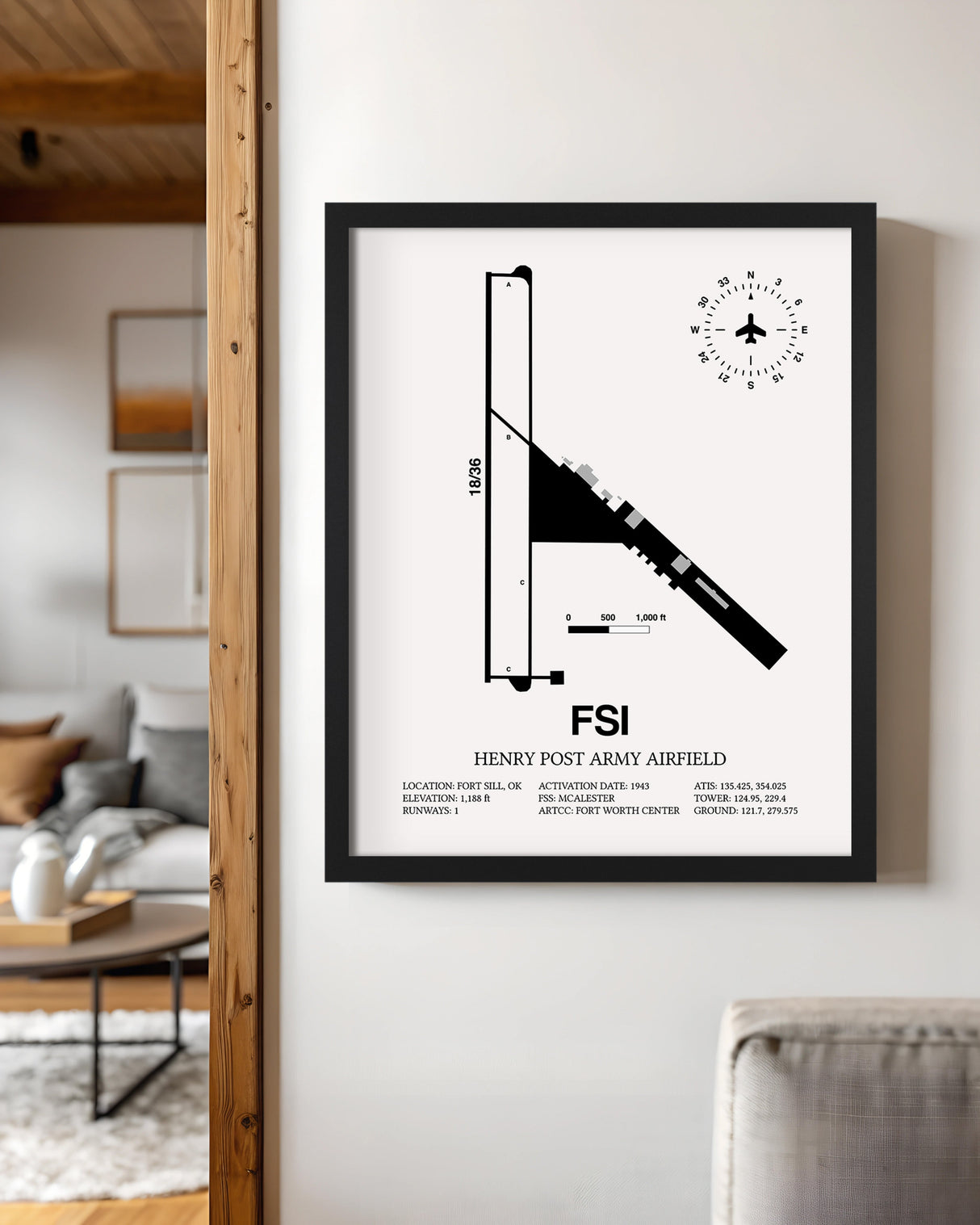 Framed Detailed Airport Map of Henry Post Army Air Field (FSI) in White with a Black Frame