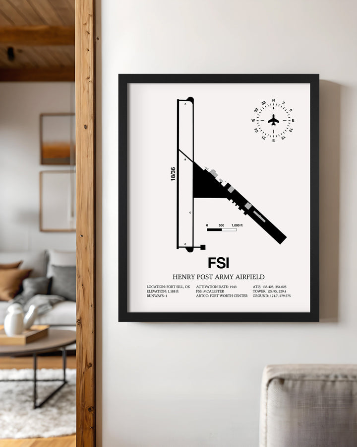 Framed Detailed Airport Map of Henry Post Army Air Field (FSI) in White with a Black Frame