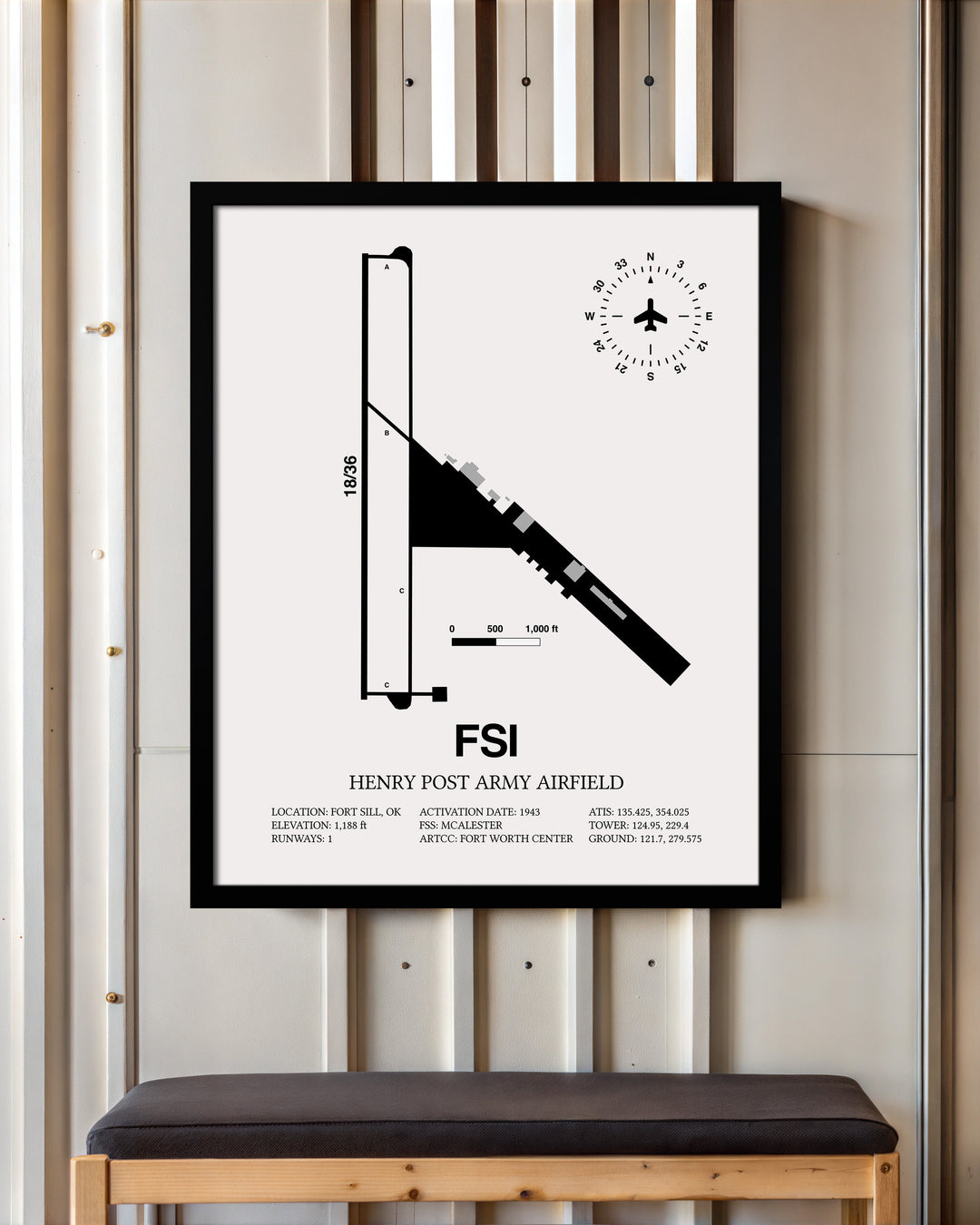 Framed Detailed Airport Map of Henry Post Army Air Field (FSI) in White with a Black Frame