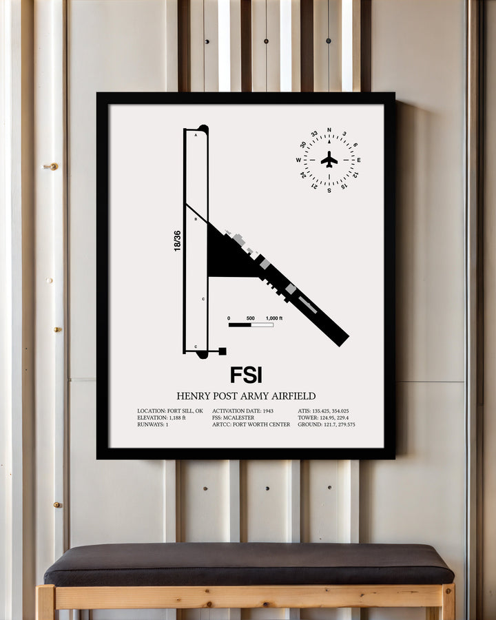 Framed Detailed Airport Map of Henry Post Army Air Field (FSI) in White with a Black Frame