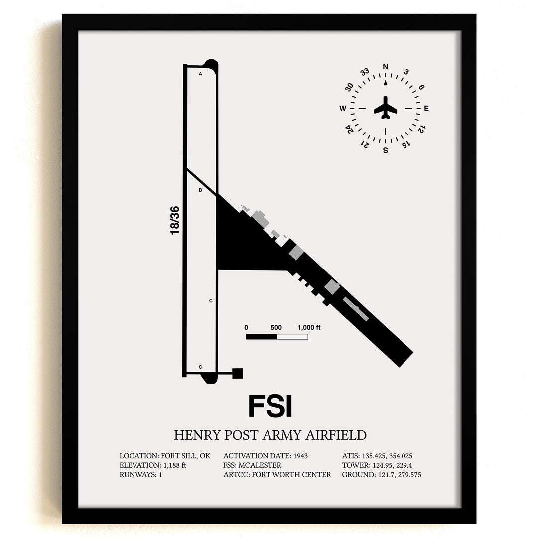 Framed Detailed Airport Map of Henry Post Army Air Field (FSI) in White with a Black Frame