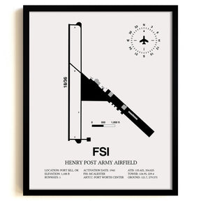 Framed Detailed Airport Map of Henry Post Army Air Field (FSI) in White with a Black Frame