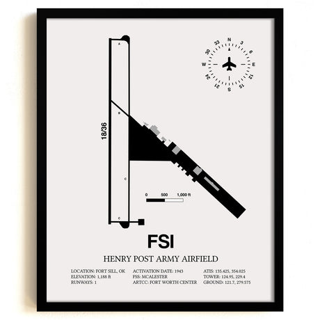 Framed Detailed Airport Map of Henry Post Army Air Field (FSI) in White with a Black Frame