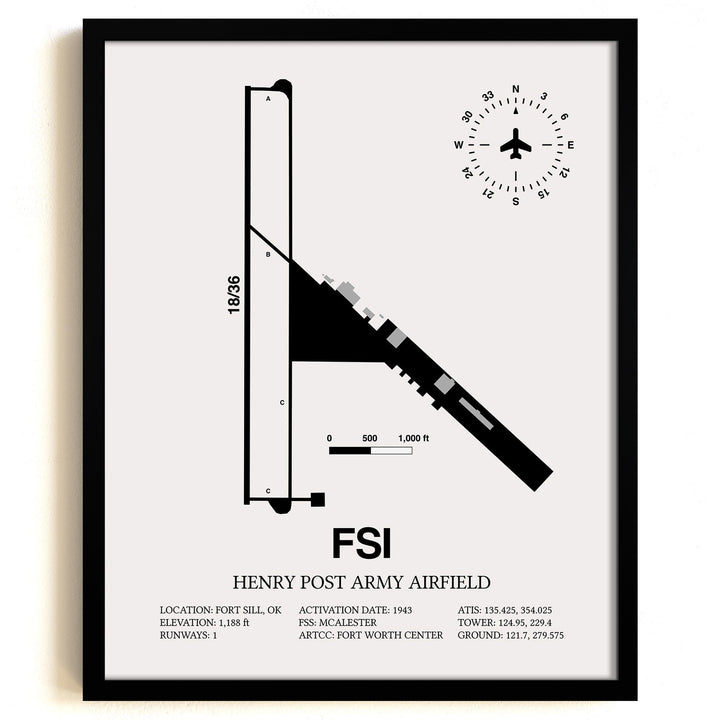 Framed Detailed Airport Map of Henry Post Army Air Field (FSI) in White with a Black Frame