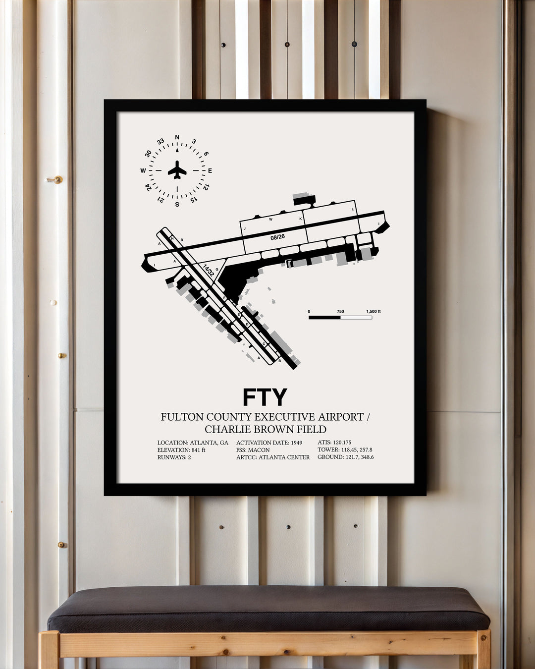 Framed Detailed Airport Map of Fulton County Executive Airport/Charlie Brown Field (FTY) in White with a Black Frame