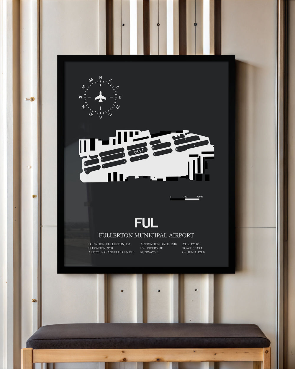 Framed Detailed Airport Map of Fullerton Municipal Airport (FUL) in Gray with a Black Frame