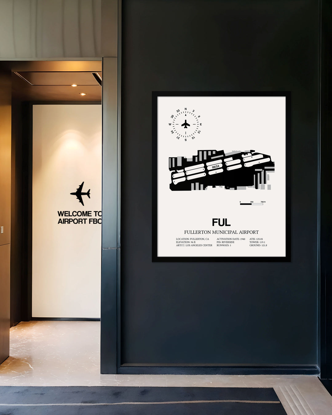Framed Detailed Airport Map of Fullerton Municipal Airport (FUL) in White with a Black Frame