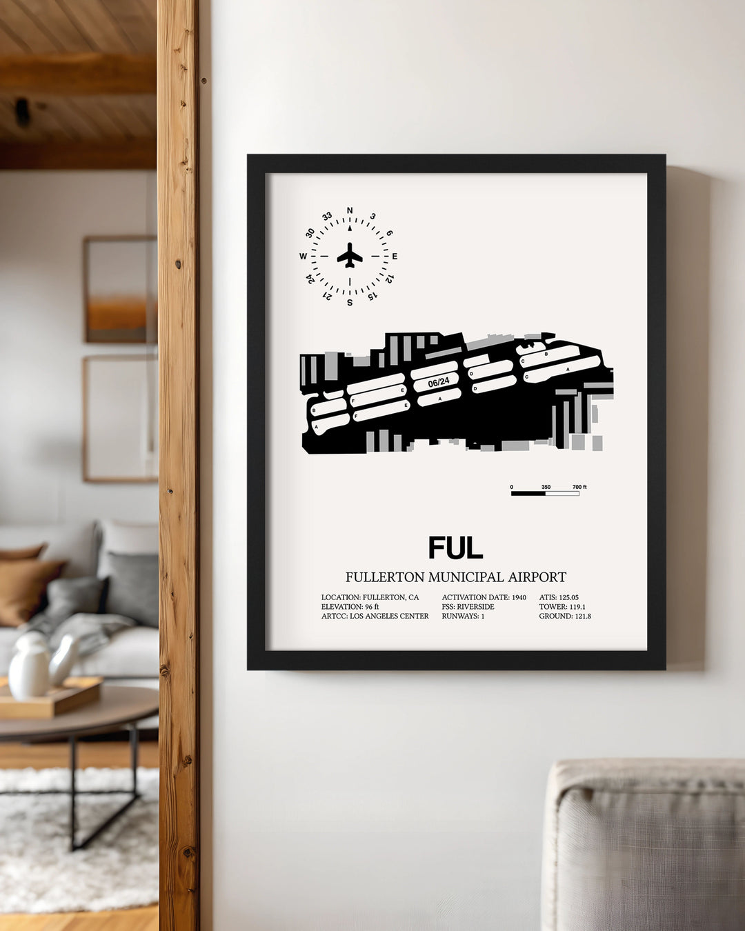 Framed Detailed Airport Map of Fullerton Municipal Airport (FUL) in White with a Black Frame