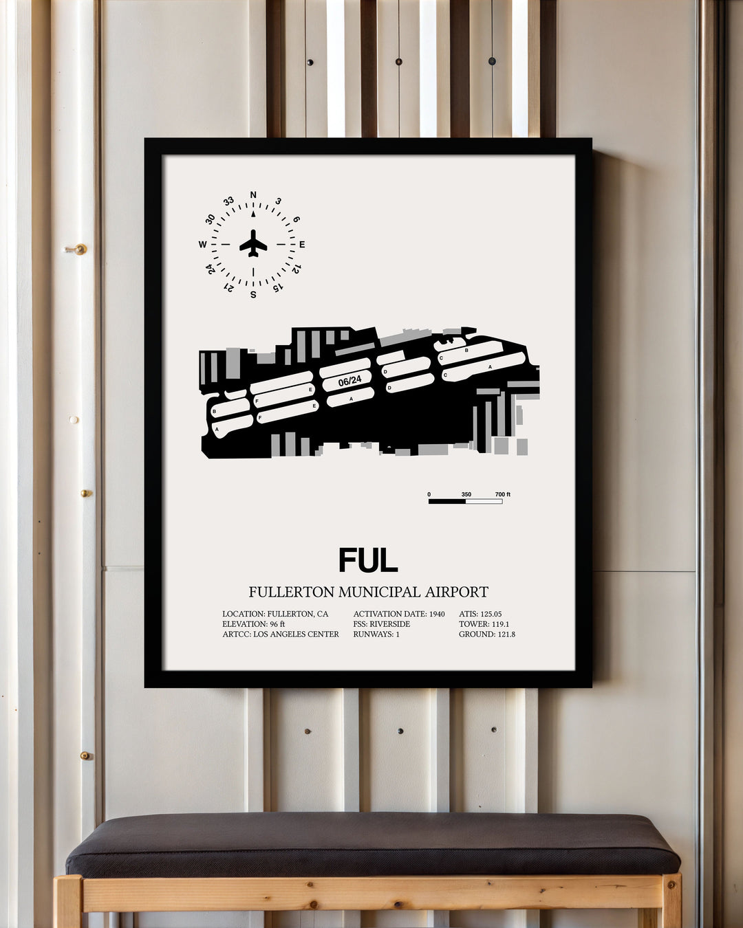 Framed Detailed Airport Map of Fullerton Municipal Airport (FUL) in White with a Black Frame