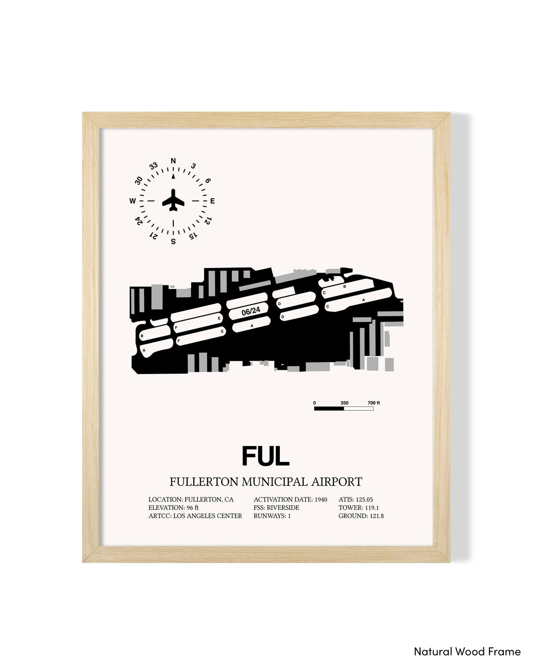 Detailed Airport Map of Fullerton Municipal Airport (FUL) in White with a Natural Frame