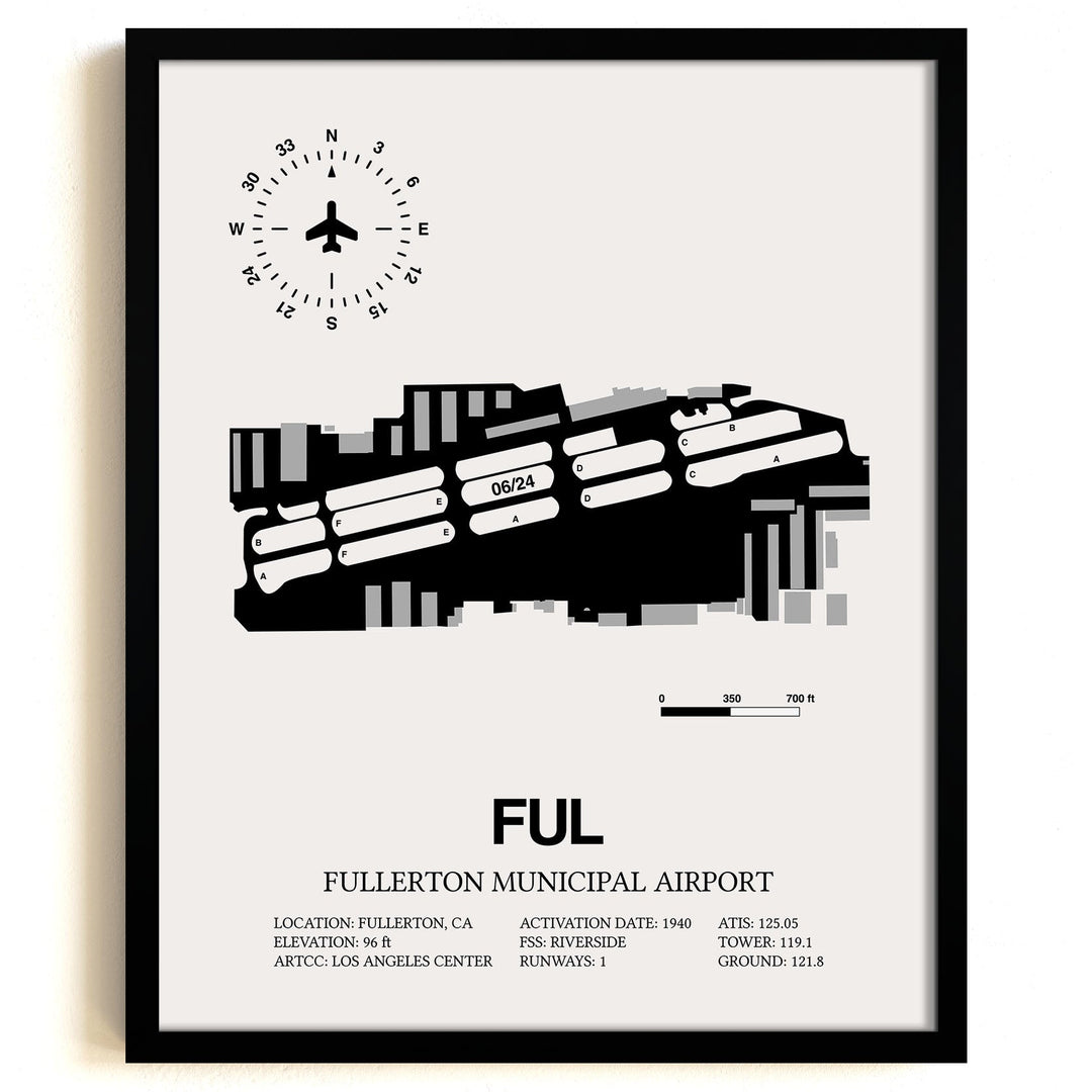 Framed Detailed Airport Map of Fullerton Municipal Airport (FUL) in White with a Black Frame