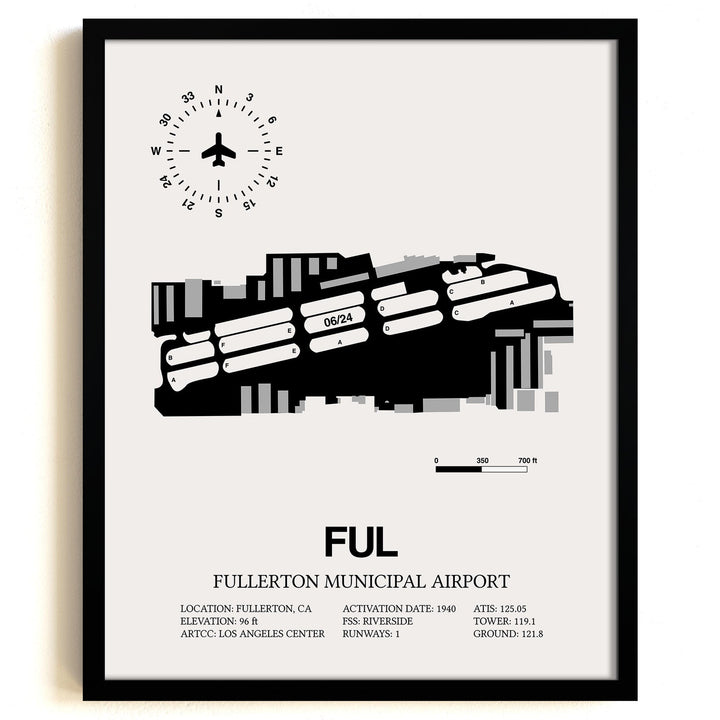 Framed Detailed Airport Map of Fullerton Municipal Airport (FUL) in White with a Black Frame