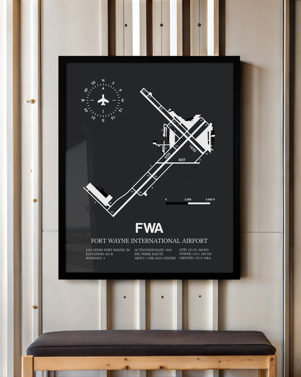 Framed Detailed Airport Map of Fort Wayne International Airport (FWA) in Gray with a Black Frame