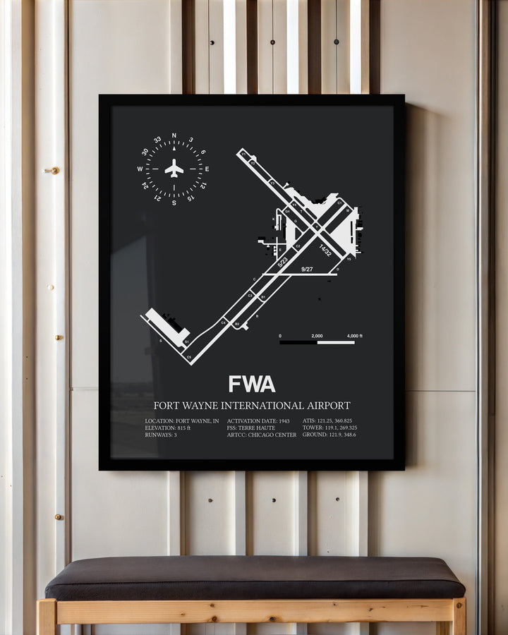 Framed Detailed Airport Map of Fort Wayne International Airport (FWA) in Gray with a Black Frame