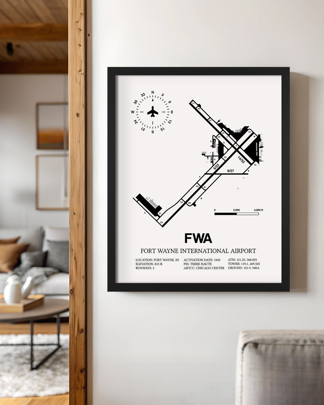 Framed Detailed Airport Map of Fort Wayne International Airport (FWA) in White with a Black Frame