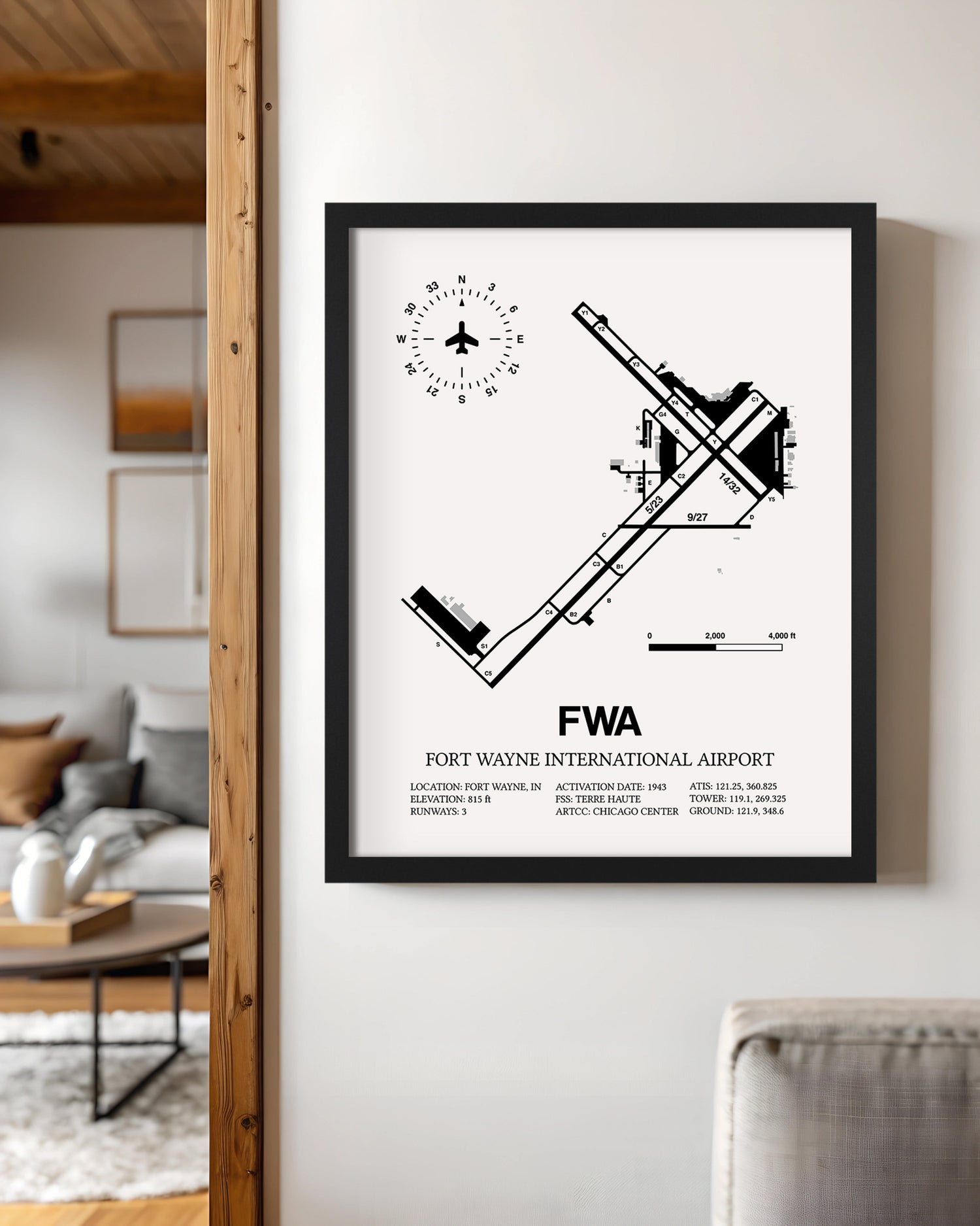 Framed Detailed Airport Map of Fort Wayne International Airport (FWA) in White with a Black Frame