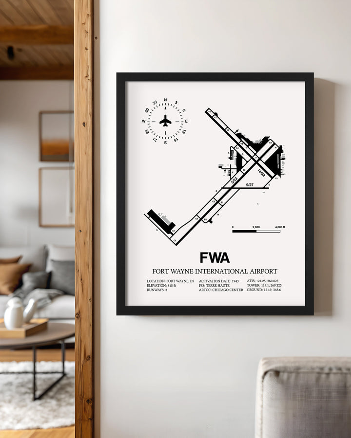 Framed Detailed Airport Map of Fort Wayne International Airport (FWA) in White with a Black Frame