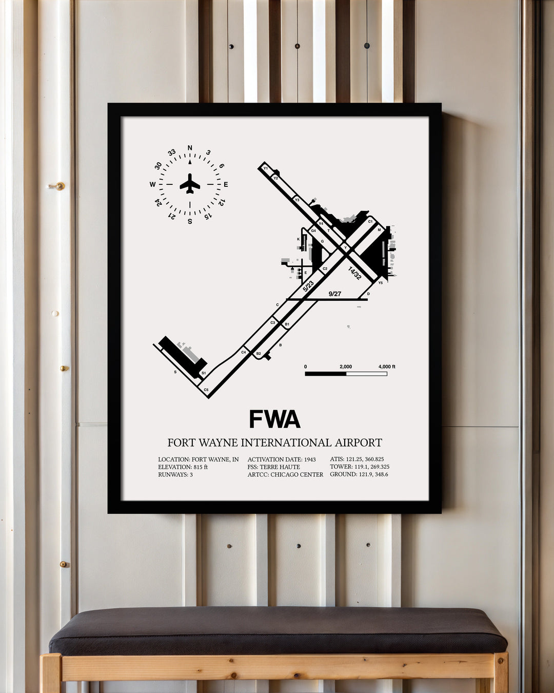 Framed Detailed Airport Map of Fort Wayne International Airport (FWA) in White with a Black Frame